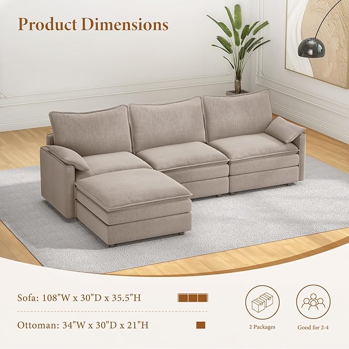Vesgantti 108" Modular Sectional Sofa, Comfy Cloud Couch with Movable Ottoman Deep Seat Chenille L Shaped Modular Sofa, Sectional Couches for Living Room, Bedroom and Apartment, Light Brown