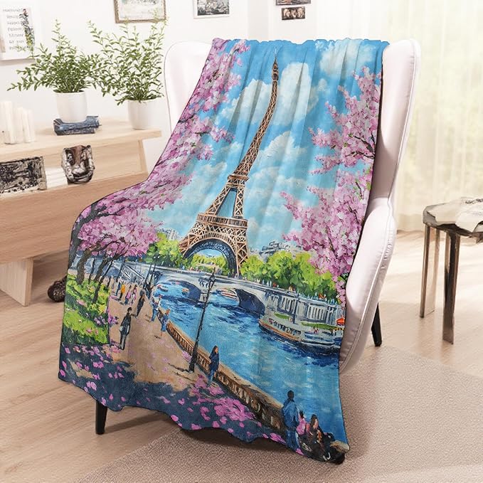 Romantic Paris Eiffel Tower Blanket, Cozy Flannel Throw Blanket with Cherry Blossoms for Couch Outdoor, Plush Soft Lightweight Travel Blankets for Bed Decor and Gifts, for Women Adults 50"x60"