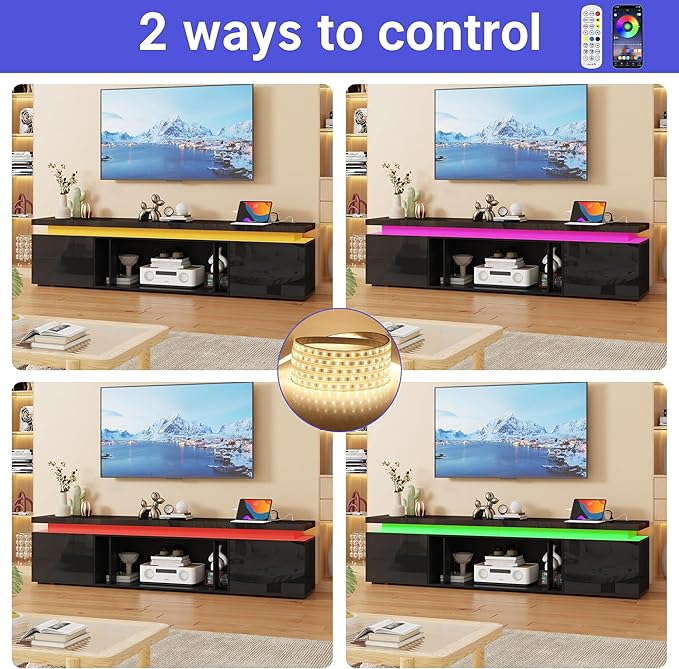 83Inch LED TV Stand for 95Inch TV, Modern TV Stand with Power Outlet, High Gloss TV Console Entertainment Center with Storage for Living Room (83 Inch, Black)