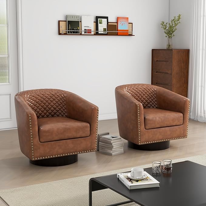 Swivel Barrel Accent Chair, Comfy Modern Upholstered Round Faux Leather Arm Chair for Living Room, Bedroom（Brown, Set of 2