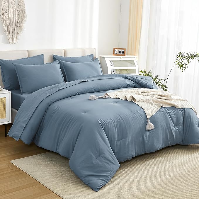 Litanika Comforter California King Size Set Grayish Blue - 7 Pieces Bed in a Bag California King Bedding Comforter Sets, Plain Lightweight Bed Set with Comforter, Sheets, Pillowcases & Shams