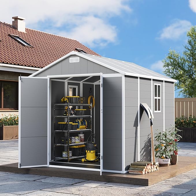 UDPATIO Outdoor Storage Shed 8 x 8 FT, Resin Garden Sheds Plastic Patio Outdoor Storage with Lockable Door for Tool, Bike, Garbage Can Gray White