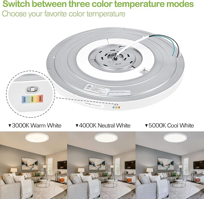 hykolity 18 Inch LED Round Flat Panel Light, White, 32W, 3200lm, 3000K/4000K/5000K CCT Selectable, 120°Beam Angle, Dimmable Edge-Lit Flush Mount Ceiling Light Fixture - ETL Listed