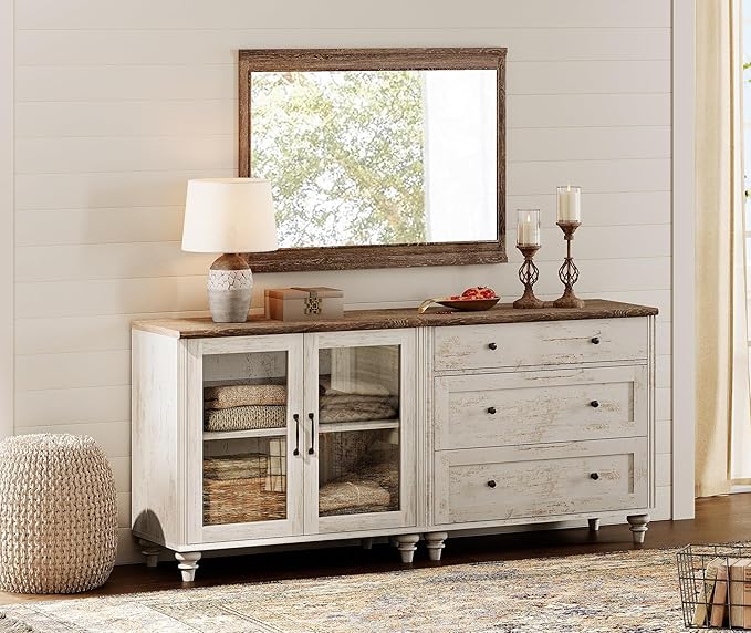 WAMPAT TV Stand for 75 Inch TV, Wood TV Cabinet Entertainment Center Television Stands for Living Room, 2-in-1 Sideboard Buffet Cabinet with Glass Door & Drawer for Kitchen, Rustic White