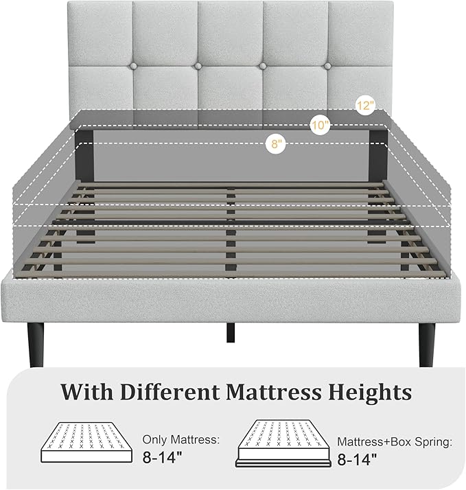 Full Size Bed Frame, Full Size Platform Bed Frame with Headboard, Fabric Upholstered Headboard, Sturdy Wood Slats, No Noiseless, No Springs Required, Easy to Assemble, Gray