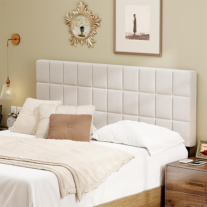 Andeworld Velvet Upholstered Tufted King Size Headboard,Wood Head Board with Metal Legs, Adjustable Height from 42” to 56”, Bed Headboard in Modern Design,Backboard for Bed, Beige