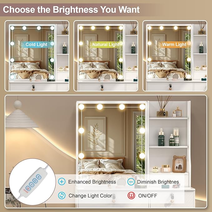 Small Makeup Vanity Desk with Lights and Slidind Mirror, Vanity Table Set with Chair, Lighted Dressing Table with 3 Adjustable Light Modes, 6 Drawers, 6 Shelves, White Vanity Desk for Women