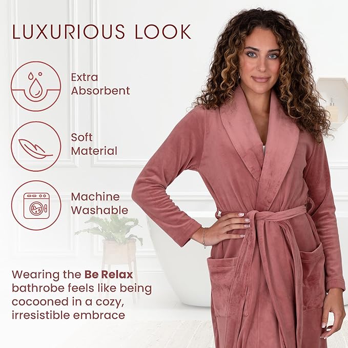Be Relax Terry Velour Robe - Made of Polyester, Shawl Collar Robe with Belt & Side Pockets, Soft & Warm Bathrobe for Women