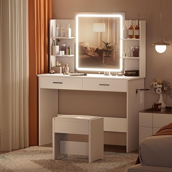 Vanity Desk with Mirror and Lights, 3-Color Lights Adjustable Brightness, White Vanity Makeup Desk with Drawer & Charging Station, Large Dressing Table Make Up for Bedroom