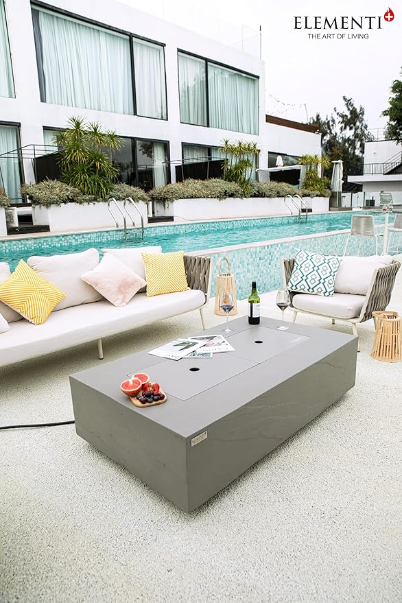 Elementi+ | Meteora Gas Fire Pit Cast Concrete 56" Rectangular Fire Table, Outdoor Fire Pit Electronic Ignition | Canvas Cover, Fire Glass and Burner Lid Included | Light Gray | Propane Gas