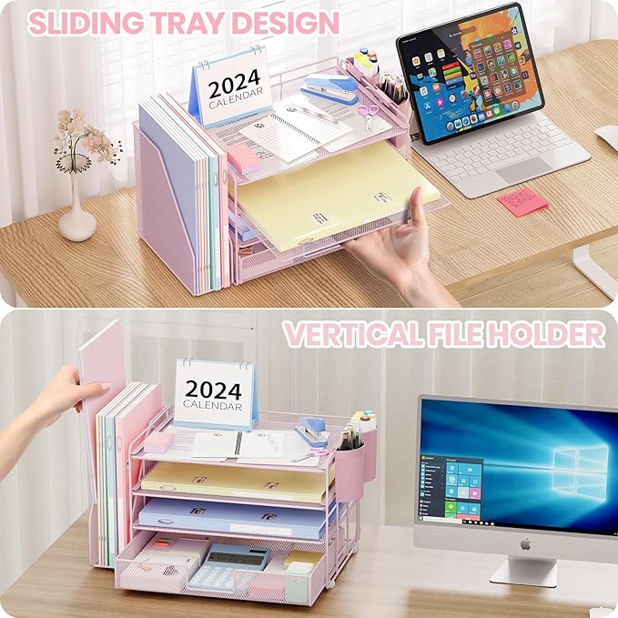 Desk Organizer and Accessories, 4-Tier Desktop File Organizer with Drawer and 2 Pen Holders, Office Desk Accessories for Office Supplies(Pink)