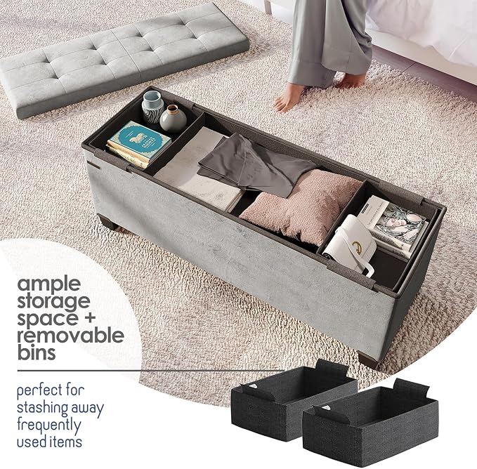 STORAGEBUD Storage Ottoman Bench with Bins, 43-in Storage Bench for Bedroom End of Bed, Folding Foot Rest Ottoman for Living Room Max 660lbs, Velvet Ottomans, Light Grey