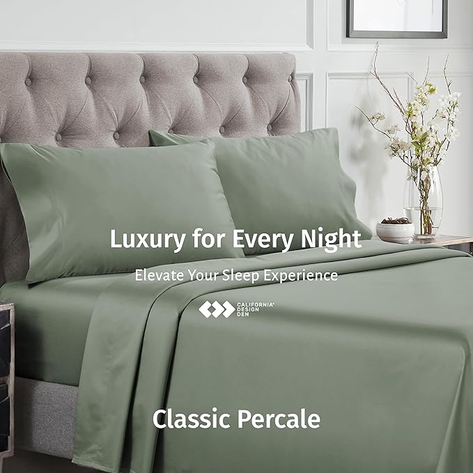 California Design Den King Percale Sheets Set - Certified 100% Egyptian Cotton, Crisp Percale King Bed Sheets Egyptian Cotton Set, Deep Pockets, Cool & Durable Luxury Bedding (Sage Mist - Gray Tone)