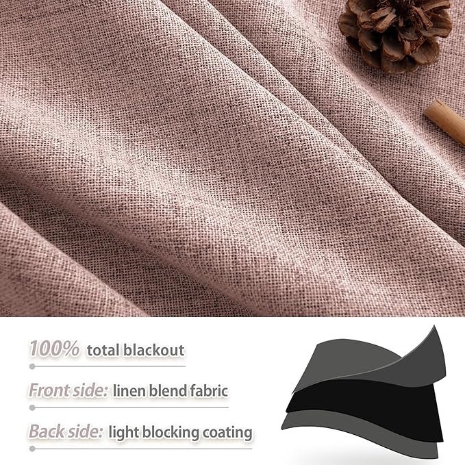 100% Blackout Blush Pink Linen Curtains 96 inch Length 2 Panels Set for Baby Bedroom Back Tab/Rod Pocket Thermal Insulated Black Out Linen Drapes Girls Room Darkening Window Curtains 8 FT
