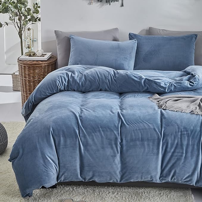 Cottonight Blue Velvet Twin Bedding - Bright Blue Flannel Blanket Quilts Winter Warm Thick Heavyweight 3 Pcs Comforter Set