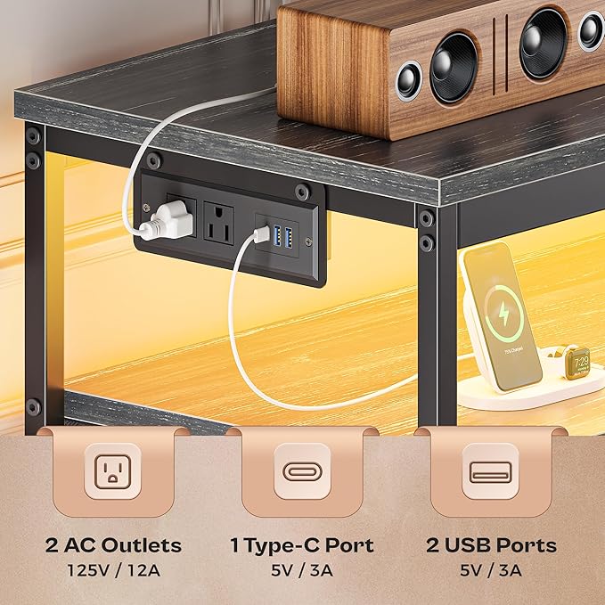 Huuger 63 Inch TV Stand for 55, 65, 70 Inch TV, Long Dresser TV Stand for Bedroom, Charcoal Black LED TV Stand with Power Outlets, Fabric Dresser with Storage, Entertainment Center for Living Room