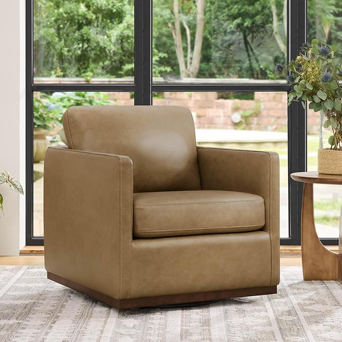 CHITA Genuine Leather Swivel Accent Chair, FSC Certified Mid Century Modern Arm Chair for Living Room and Bedroom, Fully Assembled, Mocha