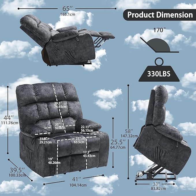 Heavy Duty Recliner Chairs with Cup Holders for Adults Big and Tall, Oversized Power Recliner Lift Chair for Elderly, Heat and Massage, Stand Up, Lay Flat 160 Degree Sleeping