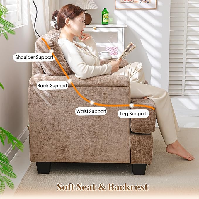 Oversized Accent Chairs Set of 2,Large Armchair with Armrest Organizer,Deep Seat,Big Reading Chair,Comfy Living Room Chairs,Sofa Chair for Bedroom,Chenille,Brown