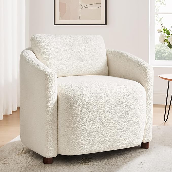 Boucle Accent Barrel Chair, Cloud Reading Chair for Living Room & Bedroom, Furry Sherpa Armchair with Cozy Soft Throw Pillow Back, Comfy Upholstered Lounge Chair, Modern Single Sofa Chair