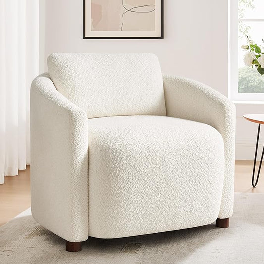 Boucle Accent Barrel Chair, Cloud Reading Chair for Living Room & Bedroom, Furry Sherpa Armchair with Cozy Soft Throw Pillow Back, Comfy Upholstered Lounge Chair, Modern Single Sofa Chair