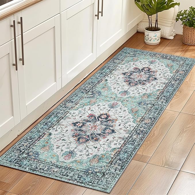 Area Rugs 2'x6' Washable Non-Slip, Floral Vintage Distress Print Pattern Medallion Carpet for Living Room Bedroom Dining Room, Green Navy Blue White Red Teal Colorful