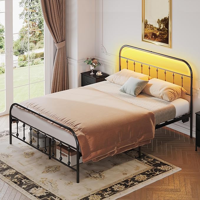 WLIVE Queen Bed Frame with Headboard, Bed Frame Queen Size with LED Lights and Charging Station, Metal Bed Frames with Storage, Black