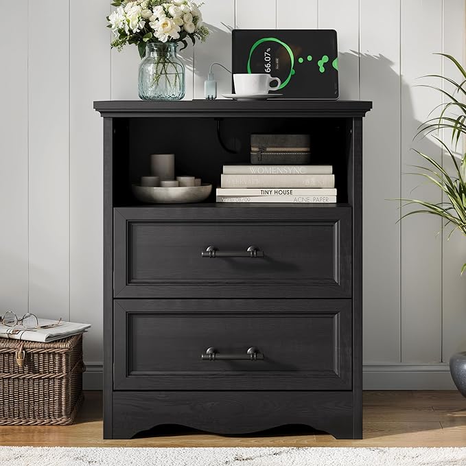19.7" Night Stand with Charging Station, Farmhouse End Table with 2 Drawers Storage, Black Wooden Nightstand, Bed Side Table with Open Shelf, Bedside Cabinet for Bedroom, Living Room