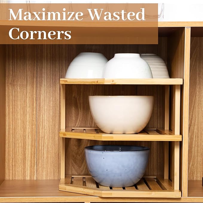 3-Tier Design Bamboo Corner Cabinet Organizer Countertop Kitchen Corner Rack, Plate Organizer for Cabinet Space Saver, Dishes, Bread Pantry, Bathroom Storage Racks or Countertop Racks