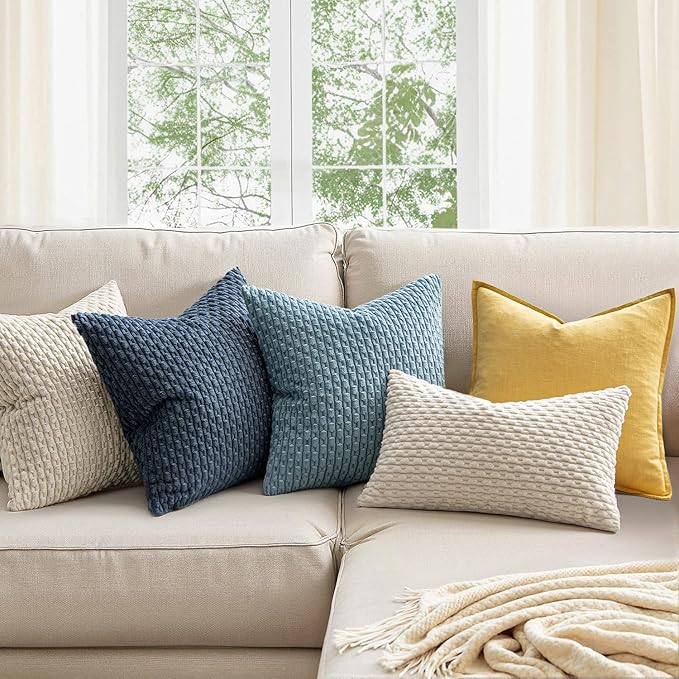 MIULEE Throw Pillow Covers Soft Corduroy Decorative Eruo Sham Set of 2 Boho Striped Pillow Covers Pillowcases Farmhouse Home Decor for Couch Bed Sofa Living Room 24x24 Inch Cream White