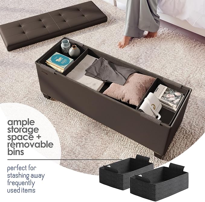 STORAGEBUD Storage Ottoman Bench with Bins, 43-in Storage Bench for Bedroom End of Bed, Folding Foot Rest Ottoman for Living Room Max 660lbs, Faux Leather Ottomans, Brown