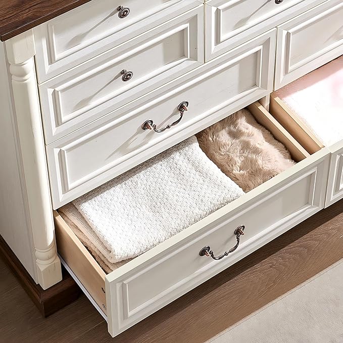 Farmhouse 10 Drawer Dresser with Roman Column Design, 54" Large Wood Chest of Drawers for Bedroom, Living Room, Antique White
