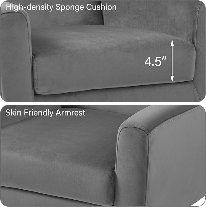 Accent Chair, Mid-Century Modern Velvet Fabric Chairs with Arms for Living Room, Comfy Upholstered Club Single Sofa Armchair for Bedroom Waiting Room with Solid Wood Frame (Velvet Grey, Set of 1)