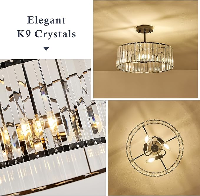 Crystal Black Ceiling Light, Modern Semi Flush Mount Ceiling Lighting Fixture, Round Hallway Lighting Fixtures Chandelier for Kitchen Entryway Bedroom Dining Room, 3-Light, 15.7 Inch