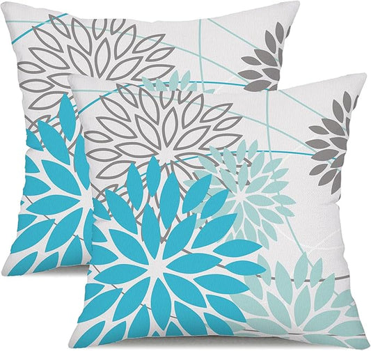 DFXSZ Outdoor Waterproof Summer Pillow Covers 18x18 Set of 2 Blue Floral Decorative Pillowcase for Patio Furniture 01S18