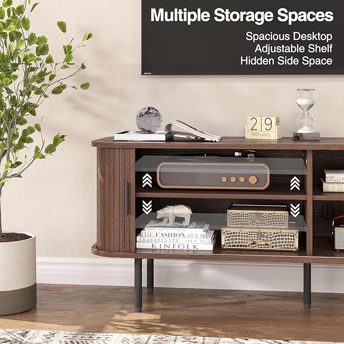 55" Mid Century Modern Fluted TV Stand for TVs up to 65 Inch, Gaming Entertainment Center with Tambour Slatted Sliding Doors, Media TV Consoles Table for Living Room, Walnut
