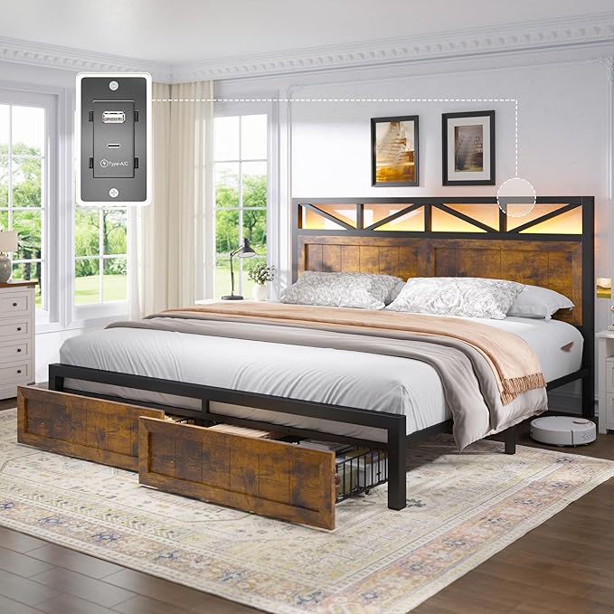 EnHomee Queen Bed Frame with 2 Storage Drawers, Built in Charging Station & LED Light,NO Noise,No Box Spring Needed,Rustic Brown