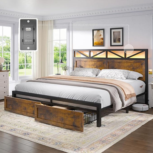 EnHomee Queen Bed Frame with 2 Storage Drawers, Built in Charging Station & LED Light,NO Noise,No Box Spring Needed,Rustic Brown