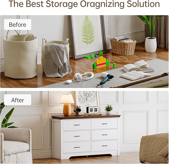 Farmhouse 6 drawer dresser for bedroom, 51" Wide chest of drawers, Wood white dresser with Metal Handle and Anti-Tipping Device, Storage Dressers Organizer for Bedroom, Living Room, Hallway, White