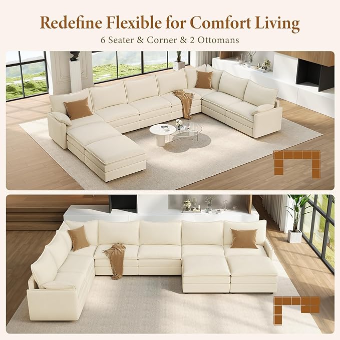 Vesgantti Large Modular Sectional Sofa, Big Comfy Cloud Couch with Ottoman Deep Seat Chenille Cloud Sofa, 9 Seater Large Sectional Couches for Living Room, Bedroom and Apartment, Beige