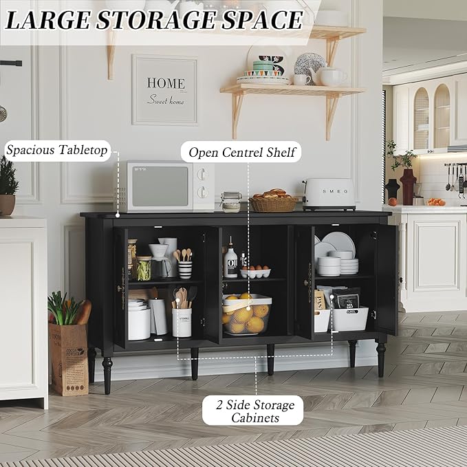 Vintage Buffet Sideboard Cabinet with 4 Doors, 59" Mid Century Modern Storage Cabinet with Shelf, Decorative Accent Credenza TV Stand (Black)