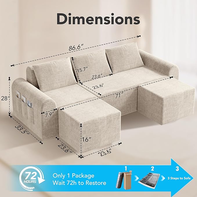 Cloud Sectional Couch with 2 Ottomans & 3 Pillows, Boneless Couches for Living Room, U Shaped Sectional Sofa Deep Seat Comfy Couch for Small Spaces, No Assembly Required, 72h to Restore
