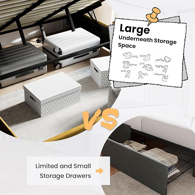 SHA CERLIN King Size Lift Up Storage Bed/Modern Wingback Headboard/Upholstered Platform Bed Frame/Hydraulic Storage/No Box Spring Needed/Wood Slats Support/Olive Yellow