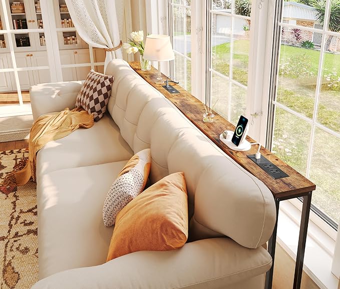 SUPERJARE 5.9 Inch Console Table with Outlet, Sofa Table, Beehind Couch Table, 5.9 x 39.4 x 29.1 Inches, Metal Frame, for Living Room, Hallway, Rustic Brown