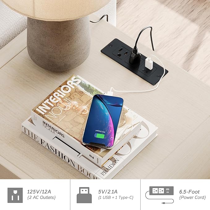 WAMPAT 5 Piece Dresser and Nightstand Sets for Bedroom, Modern 47.2" Wide 6 Drawer Chest & 3 Drawer Dresser Set of 2, and Nightstand Set of 2 with Charging Station for Bedroom, Living Room, Light Oak