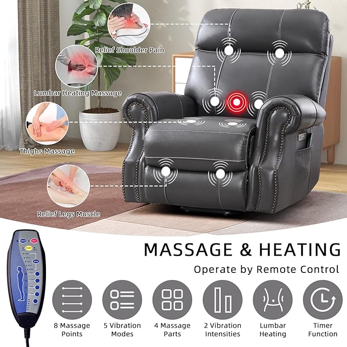 Phoenix Home Genuine Leather Power Lift Recliner Chair for Elderly with Massage and Heating, Electric Recliner for Seniors with Extended Footrest, Type-C and USB Port, Side Pocket, Grey