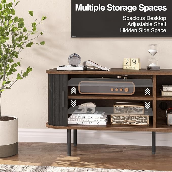 55" Modern Fluted TV Stand for TVs up to 65 Inch, Gaming Entertainment Center with Tambour Slatted Sliding Doors and Storage Cabinet, Media TV Consoles Table for Living Room, Office, Black