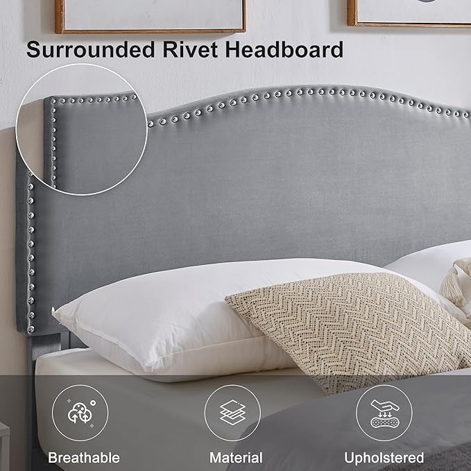 VECELO Twin Bed Frame Platform Bed Frame with Upholstered Headboard, Strong Frame and Wooden Slats Support, Strong Weight Capacity, Non-Slip and Noise-Free, Easy Assembly,Grey