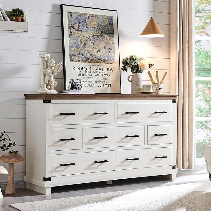 T4TREAM Farmhouse 7 Drawers Dresser for Bedroom, 54" Wide Wood Chest of Drawers w/Natural Texture & Metal Handle, Rustic Storage Dressers Organizer for Living Room, Hallway, Antique White