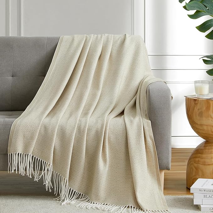 BOURINA Throw Blanket Decorative Faux Cashmere Fringe Lightweight Throw Soft Cozy for Bed or Sofa Outdoor Blanket, 50" x 60" Light Beige